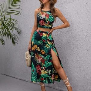 Shein Tropical Print Cami Top & Split Thigh Skirt Set